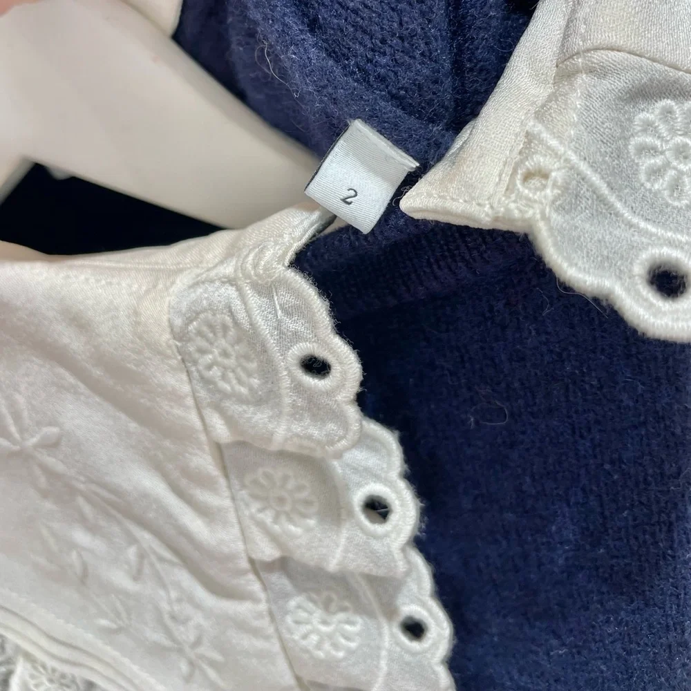 Sandro Sivane Navy Blue 100% Wool Pilgrim Broderie Trim Collar Sweater Size 2(S) - Picture 7 of 10